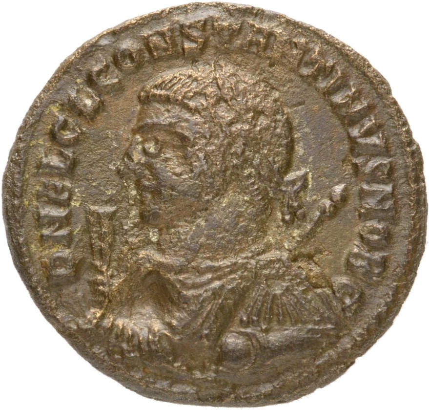 RIC VII Alexandria 26 Licinius obverse, Bust of Constantine II, laureate, draped, left, holding sceptre in right hand and ...