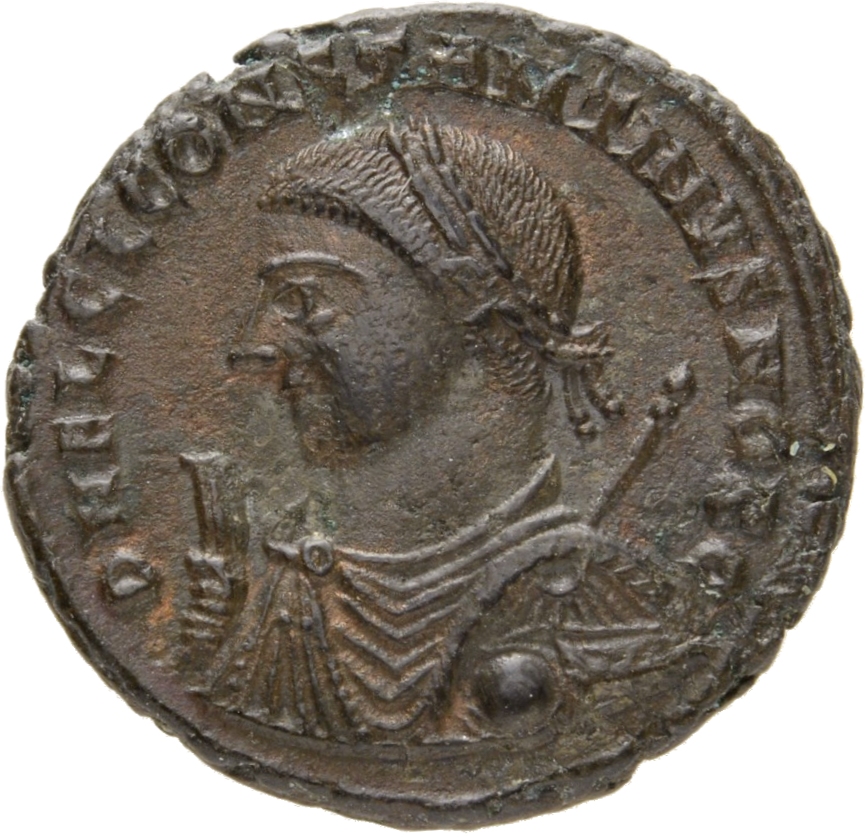 RIC VII Alexandria 26 Licinius obverse — Bust of Constantine II, laureate, draped, left, holding sceptre in right hand and...