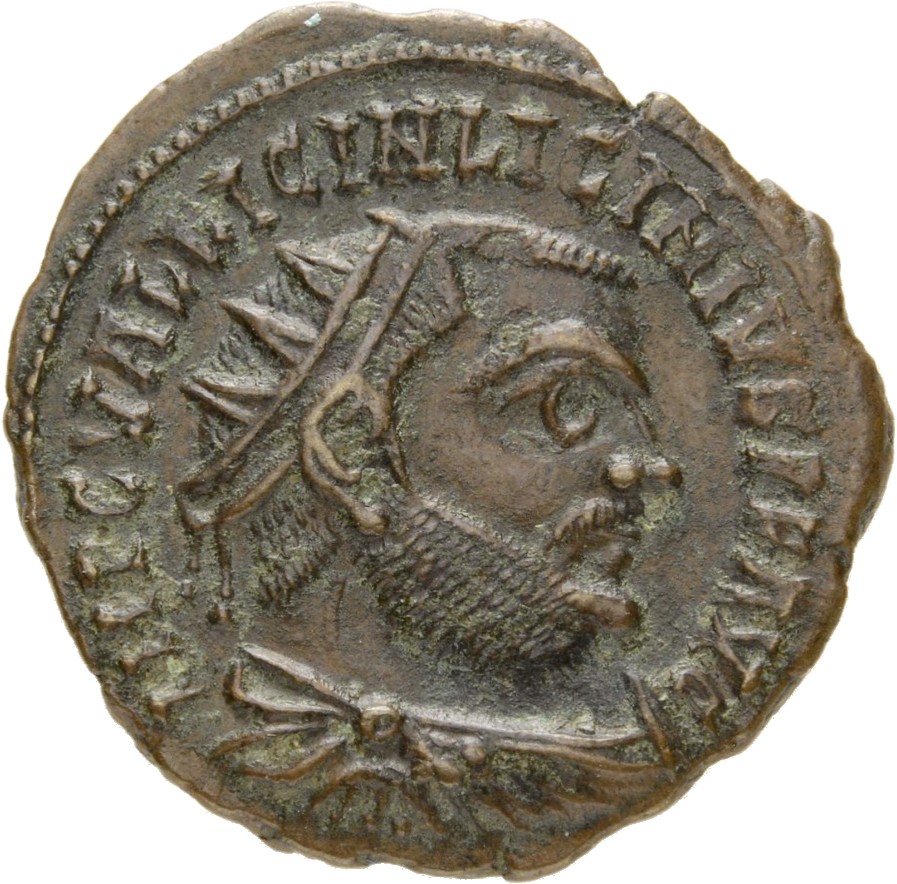 RIC VII Alexandria 28 Licinius obverse, Bust of Licinius, radiate, draped, cuirassed, right