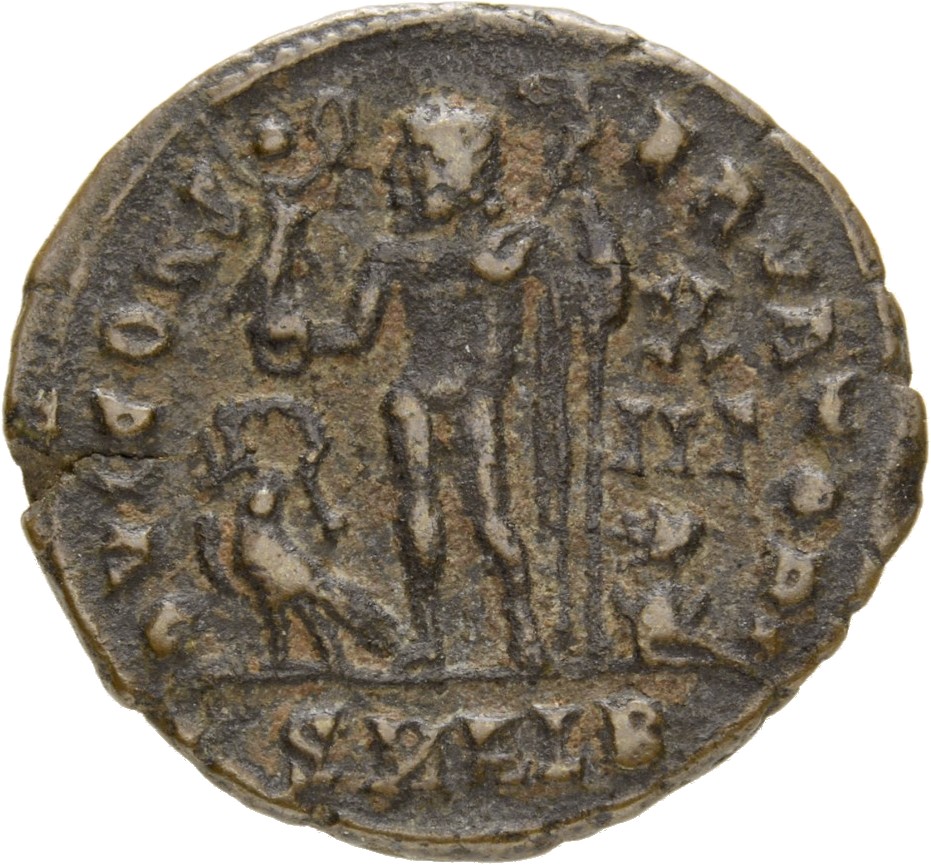 RIC VII Alexandria 28 Licinius reverse, Jupiter, nude, chlamys draped across left shoulder, standing left, holding Victory...