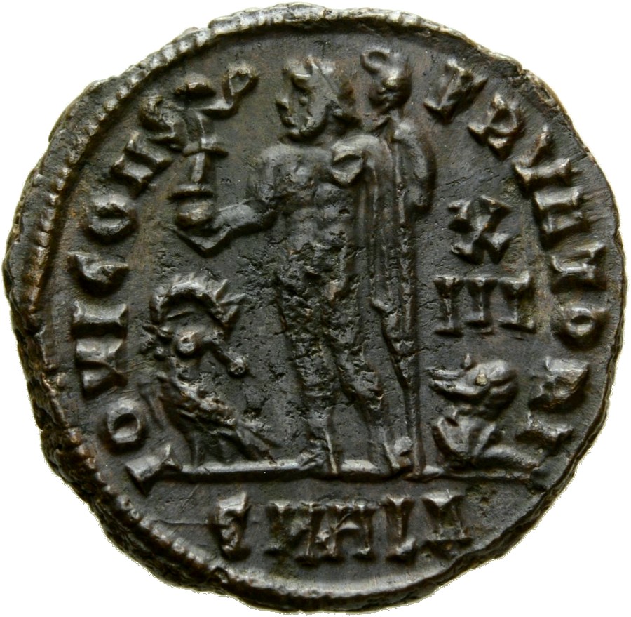 RIC VII Alexandria 29 Licinius reverse, Jupiter, nude, chlamys draped across left shoulder, standing left, holding Victory...