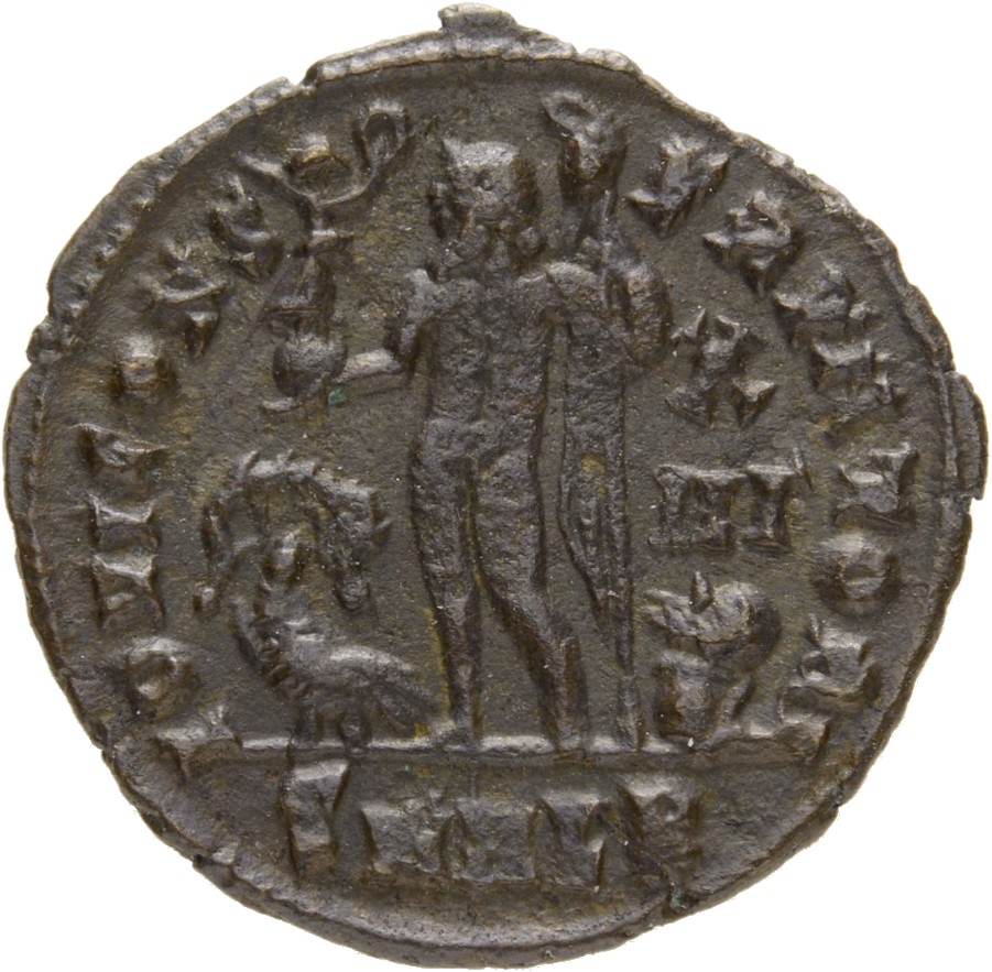 RIC VII Alexandria 29 Licinius reverse — Jupiter, nude, chlamys draped across left shoulder, standing left, holding Victor...
