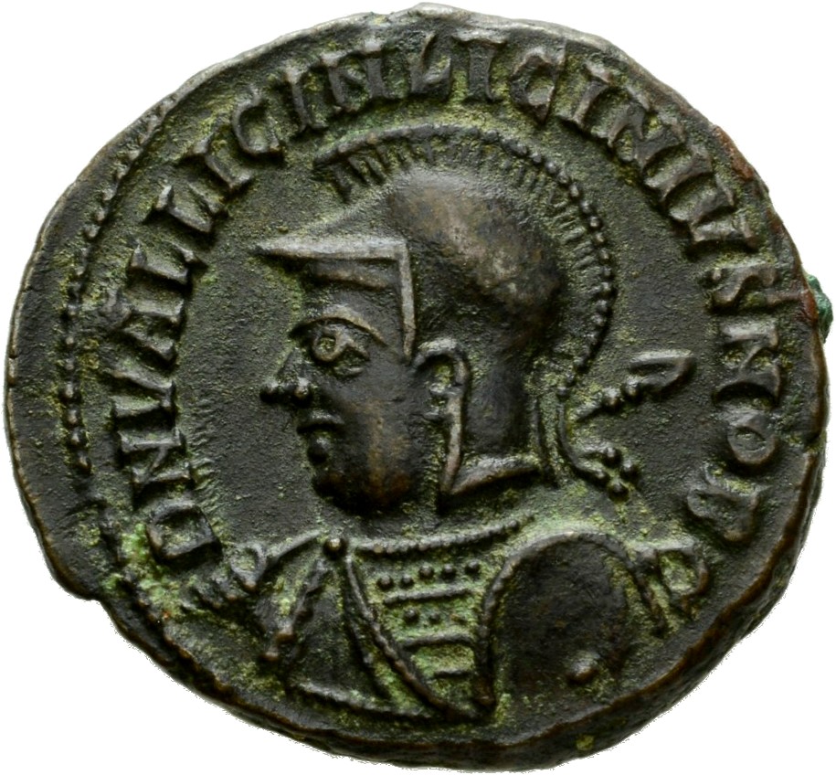 RIC VII Alexandria 30 Licinius obverse, Bust of Licinius II, helmeted, cuirassed, left, holding spear across right shoulde...