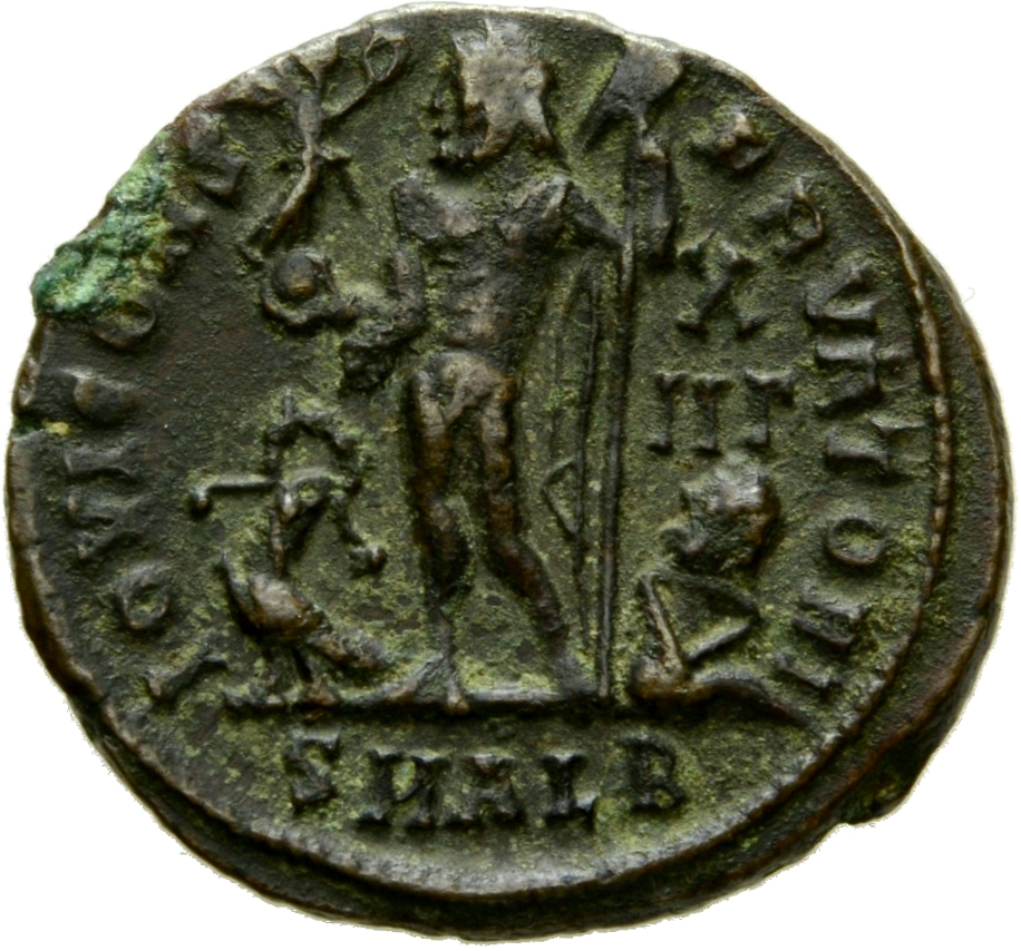 RIC VII Alexandria 30 Licinius reverse, Jupiter, nude, chlamys draped across left shoulder, standing left, holding Victory...