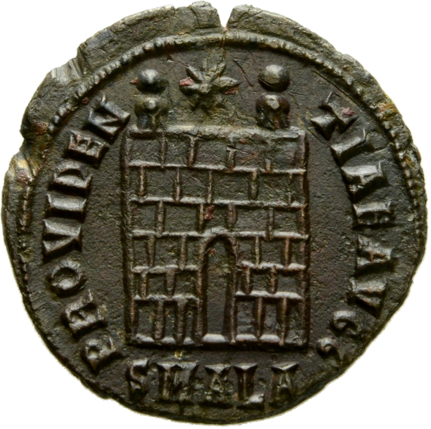 RIC VII Alexandria 34 Constantine I reverse, Camp gate with two turrets, without doors, with varying number of stone layer...