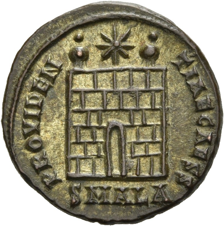 RIC VII Alexandria 35 Constantine I reverse, Camp gate with two turrets, without doors, with varying number of stone layer...