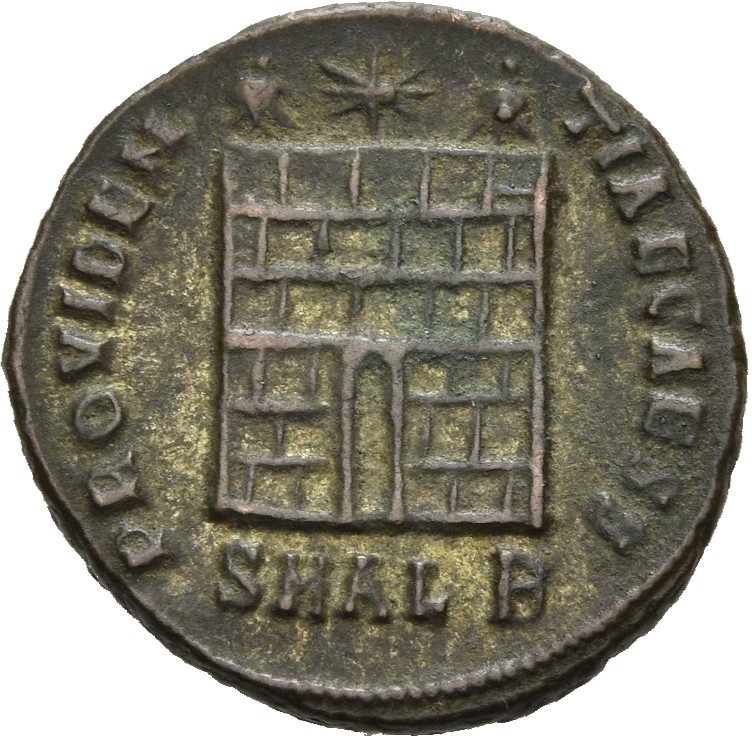 RIC VII Alexandria 35 Constantine I reverse, Camp gate with two turrets, without doors, with varying number of stone layer...