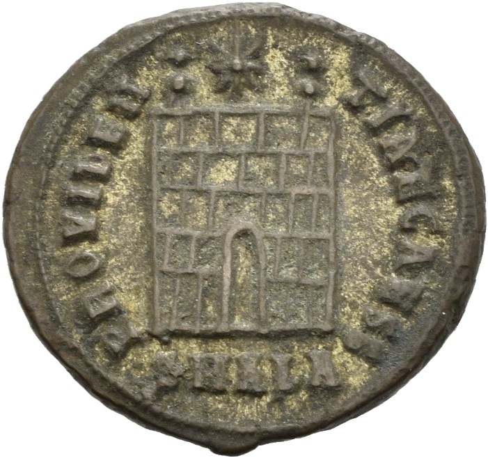 RIC VII Alexandria 36 Constantine I reverse, Camp gate with two turrets, without doors, with varying number of stone layer...
