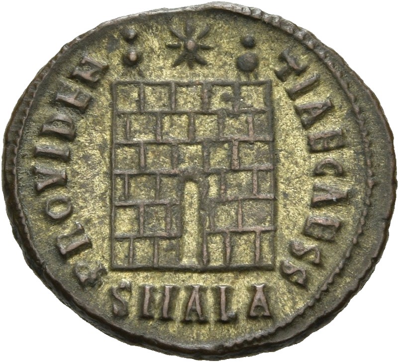 RIC VII Alexandria 37 Constantine I reverse, Camp gate with two turrets, without doors, with varying number of stone layer...