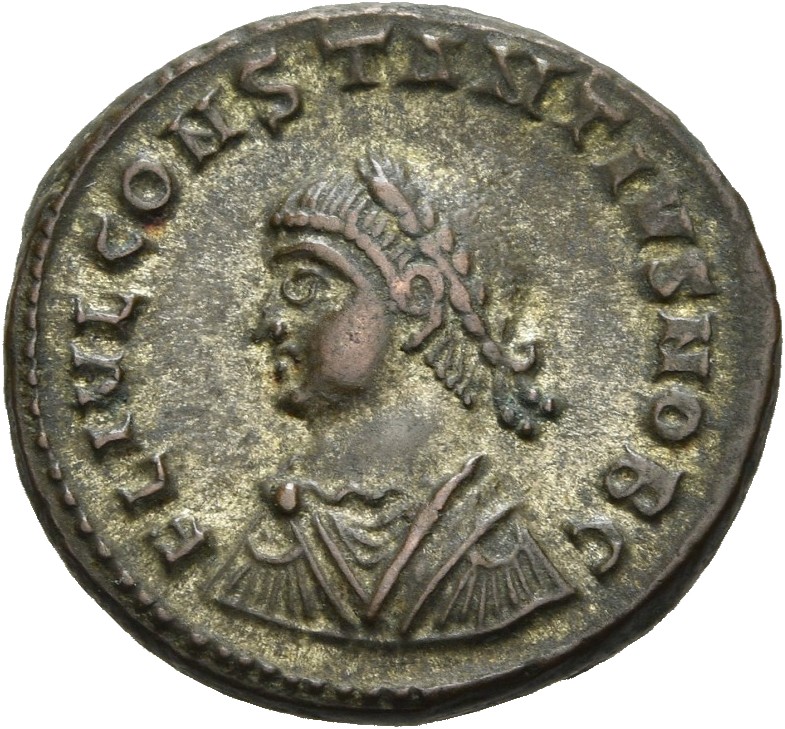 RIC VII Alexandria 37 Constantine I obverse, Bust of Constantius II, laureate, draped, cuirassed, left
