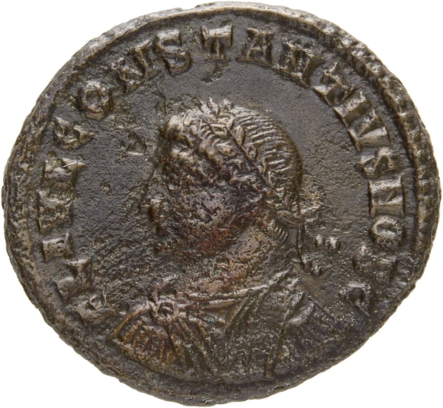 Constantine I obverse — Bust of Constantius II, laureate, draped, cuirassed, left
