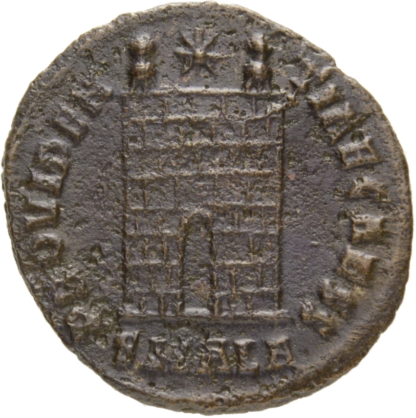 Constantine I reverse — Camp gate with two turrets, without doors, with varying number of stone layers; star above