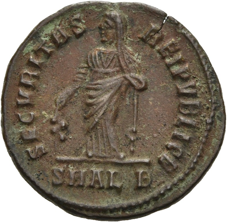 RIC VII Alexandria 38 Constantine I reverse, Securitas, draped, standing left, raising robe with right hand and lowering b...