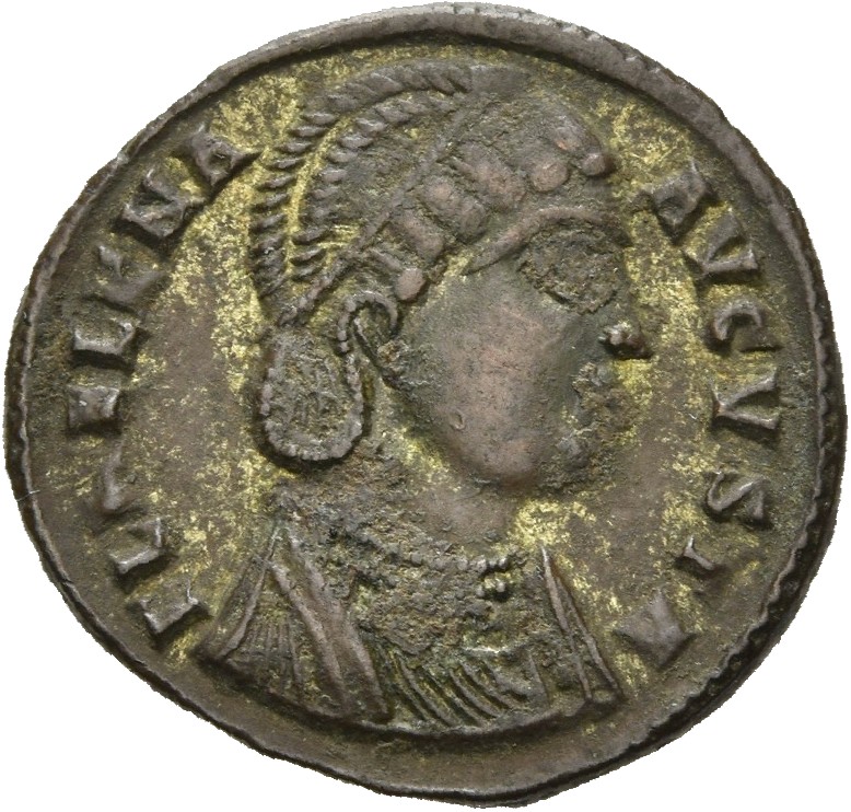 RIC VII Alexandria 38 Constantine I obverse, Bust of Helena, wearing necklace and mantle, right