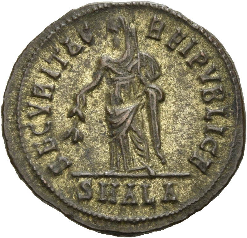 RIC VII Alexandria 38 Constantine I reverse, Securitas, draped, standing left, raising robe with right hand and lowering b...