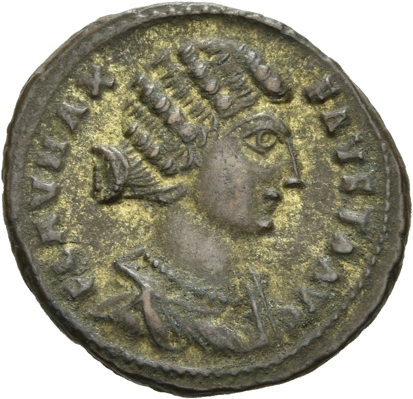 RIC VII Alexandria 39 Constantine I obverse, Bust of Fausta, waved hair, mantled, right