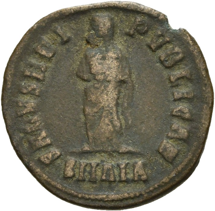 RIC VII Alexandria 39 Constantine I reverse, Salus, veiled, draped, standing front, head left, holding two children in her...