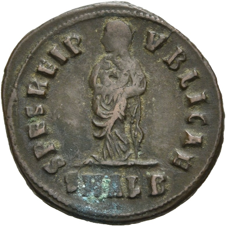RIC VII Alexandria 40 Constantine I reverse, Spes, veiled, draped, standing front, head left, holding two children in her ...