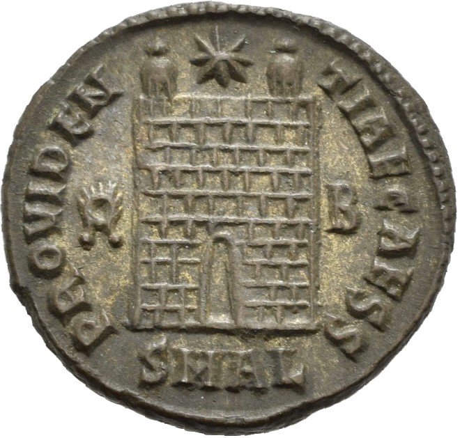 RIC VII Alexandria 46 Constantine I reverse, Camp gate with two turrets, without doors, with varying number of stone layer...