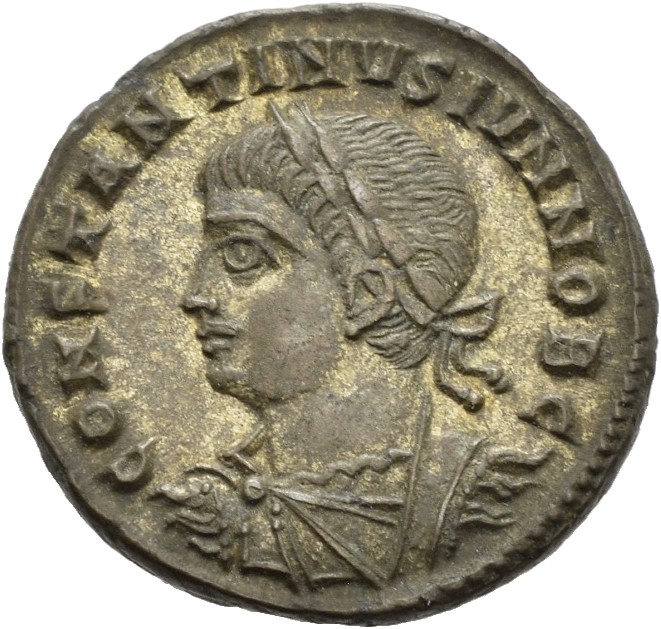 RIC VII Alexandria 46 Constantine I obverse, Bust of Constantine II, laureate, draped, cuirassed, left