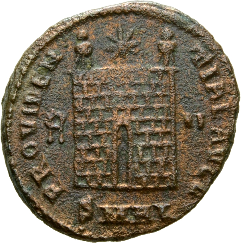 RIC VII Alexandria 49 Constantine I reverse, Camp gate with two turrets, without doors, with varying number of stone layer...