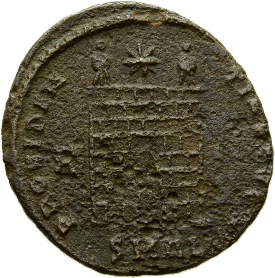 RIC VII Alexandria 50 Constantine I reverse, Camp gate with two turrets, without doors, with varying number of stone layer...