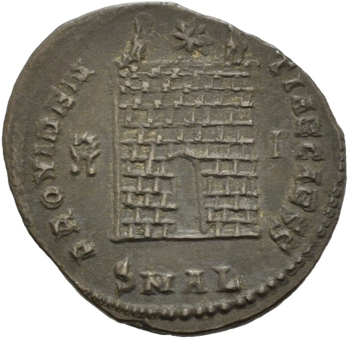 RIC VII Alexandria 51 Constantine I reverse, Camp gate with two turrets, without doors, with varying number of stone layer...