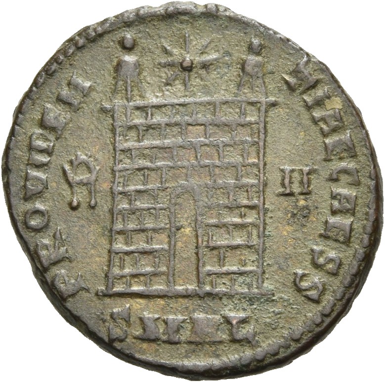 RIC VII Alexandria 52 Constantine I reverse, Camp gate with two turrets, without doors, with varying number of stone layer...