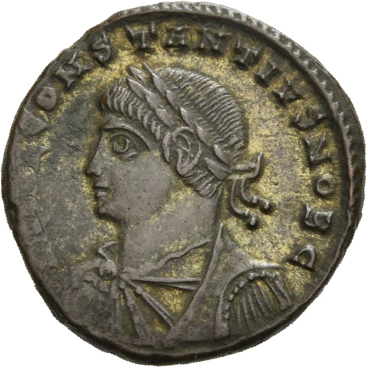 RIC VII Alexandria 52 Constantine I obverse, Bust of Constantius II, laureate, draped, cuirassed, left
