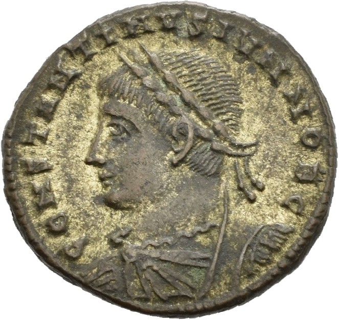 RIC VII Alexandria 55 Constantine I obverse, Bust of Constantine II, laureate, draped, cuirassed, left