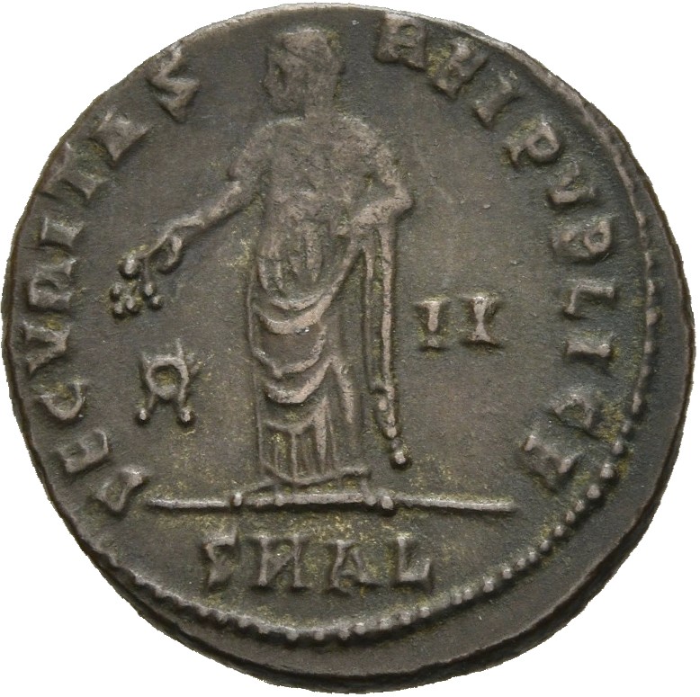 RIC VII Alexandria 57 Constantine I reverse, Securitas, draped, standing left, raising robe with right hand and lowering b...