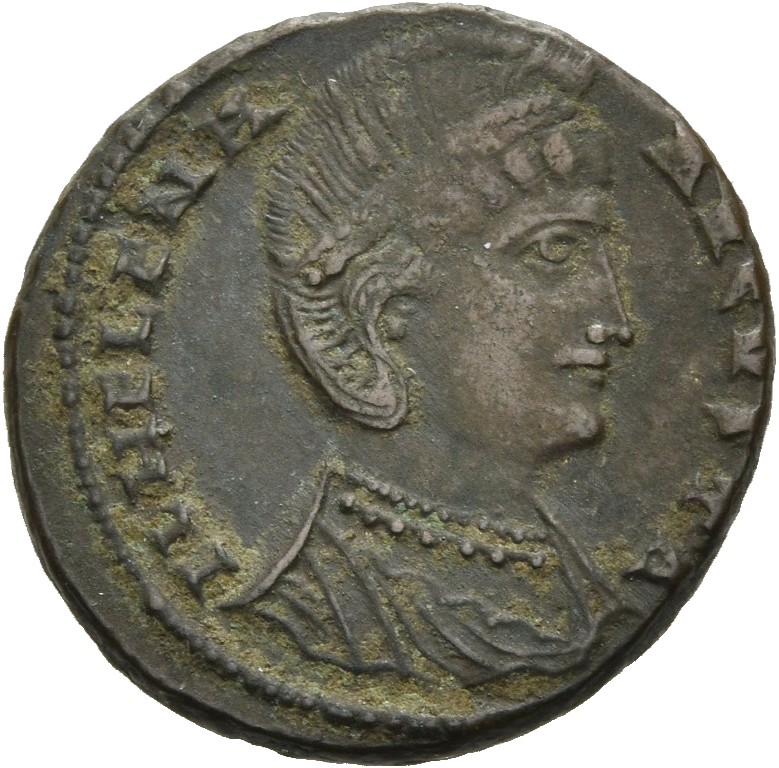 RIC VII Alexandria 57 Constantine I obverse, Bust of Helena, wearing necklace and mantle, right