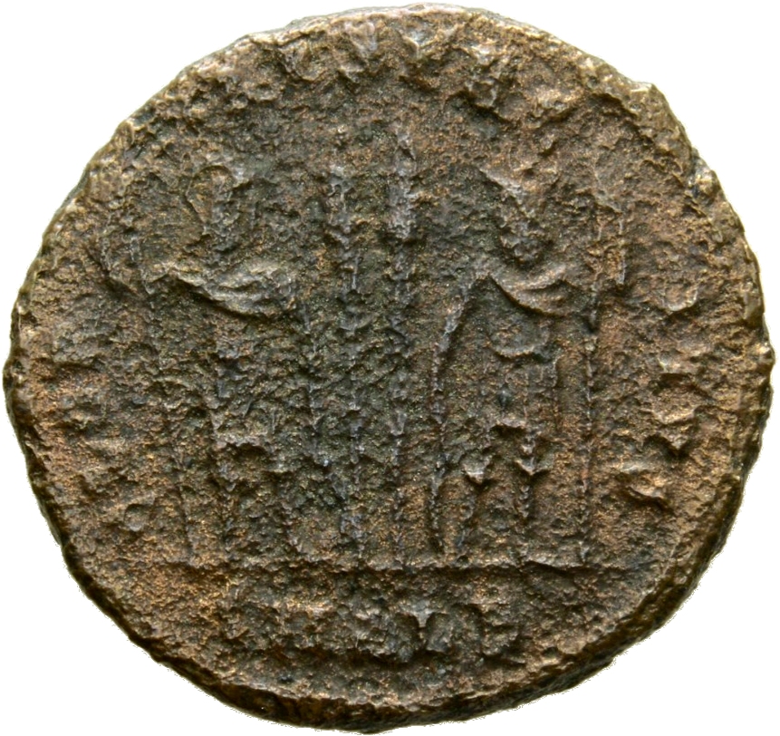 RIC VII Alexandria 58 Constantine I reverse, Two soldiers, helmeted, draped, cuirassed, standing facing each other, each h...