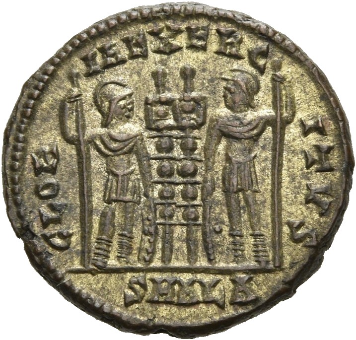 RIC VII Alexandria 59 Constantine I reverse, Two soldiers, helmeted, draped, cuirassed, standing facing each other, each h...