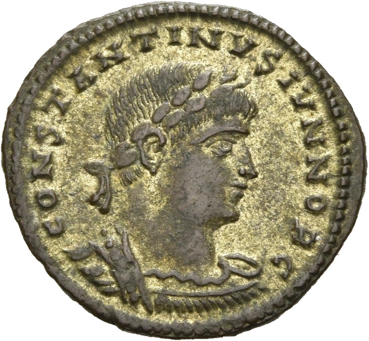 RIC VII Alexandria 59 Constantine I obverse, Bust of Constantine II, laureate, cuirassed, right
