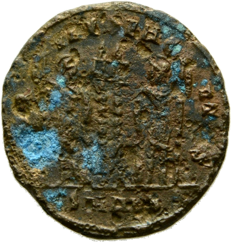 Constantine I reverse — Two soldiers, helmeted, draped, cuirassed, standing facing each other, each holding reversed spear in outer hand and resting inner hand on shield; between them, two standards