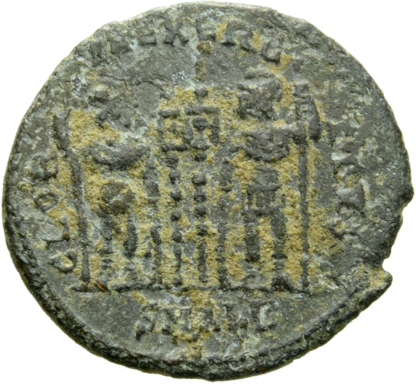RIC VII Alexandria 60 Constantine I reverse, Two soldiers, helmeted, draped, cuirassed, standing facing each other, each h...