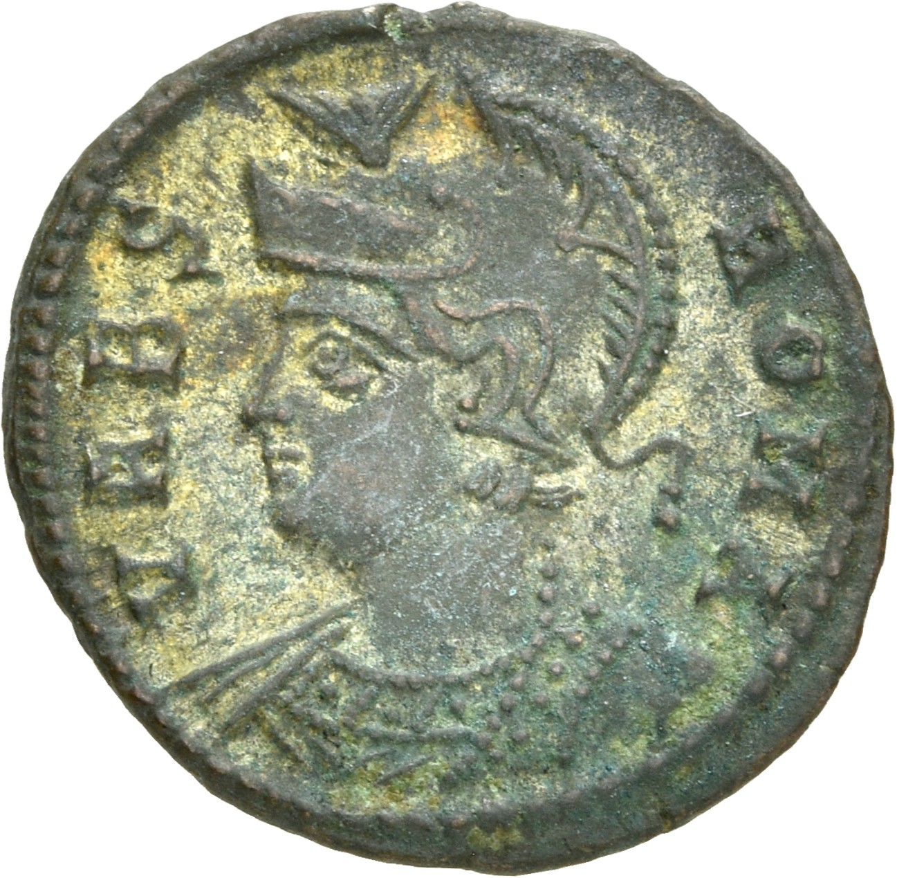 RIC VII Alexandria 63 Constantine I obverse, Bust of Roma, helmeted, wearing imperial cloak, left