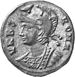 Constantine I obverse — Bust of Roma, helmeted, wearing imperial cloak, left