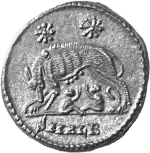 Constantine I reverse — She-wolf, standing left, suckling twins; above, two stars