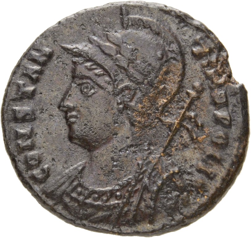 RIC VII Alexandria 64 Constantine I obverse, Bust of Constantinopolis, laureate, helmeted, wearing imperial cloak, left, h...