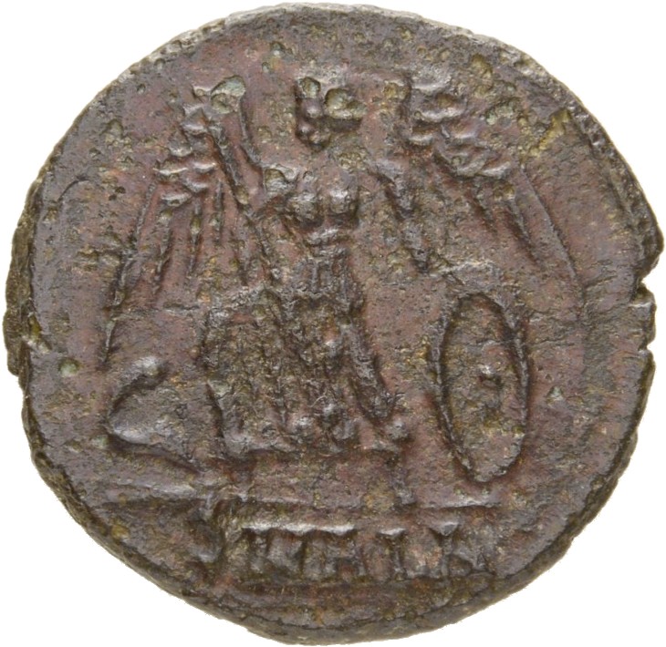 RIC VII Alexandria 64 Constantine I reverse, Victory, winged, draped, standing left on prow, holding spear in right hand a...