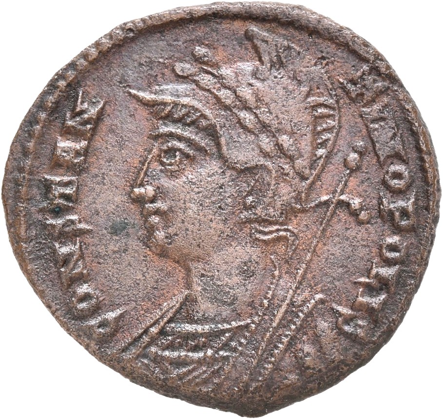 Constantine I obverse — Bust of Constantinopolis, laureate, helmeted, wearing imperial cloak, left, holding reversed spear in right hand
