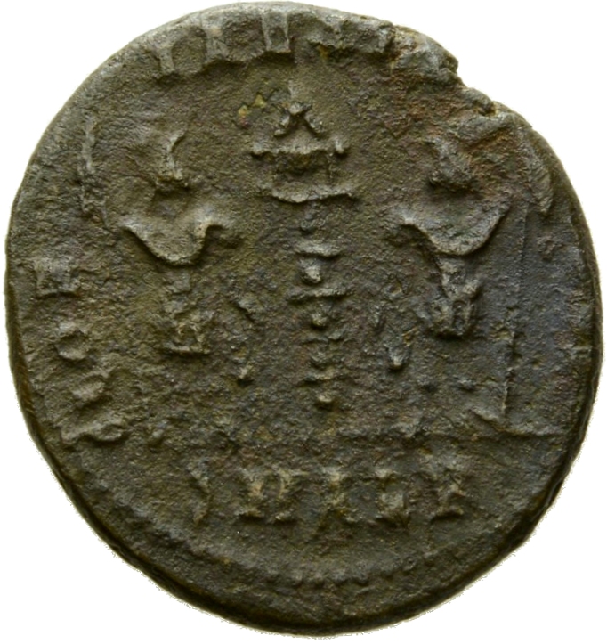 RIC VII Alexandria 65 Constantine I reverse, Two soldiers, helmeted, draped, cuirassed, standing facing each other, each h...