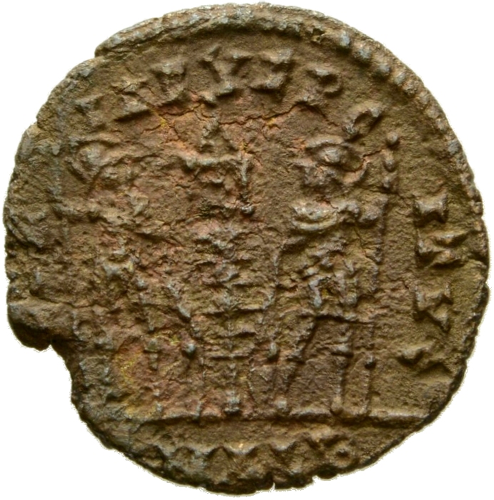 Constantine I reverse — Two soldiers, helmeted, draped, cuirassed, standing facing each other, each holding reversed spear in outer hand and resting inner hand on shield; between them, a standard
