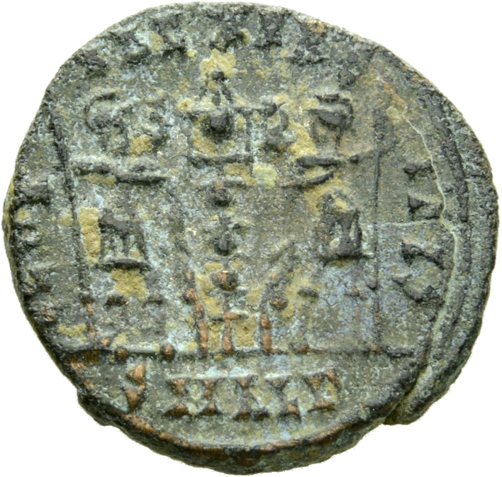 RIC VII Alexandria 66 Constantine I reverse, Two soldiers, helmeted, draped, cuirassed, standing facing each other, each h...