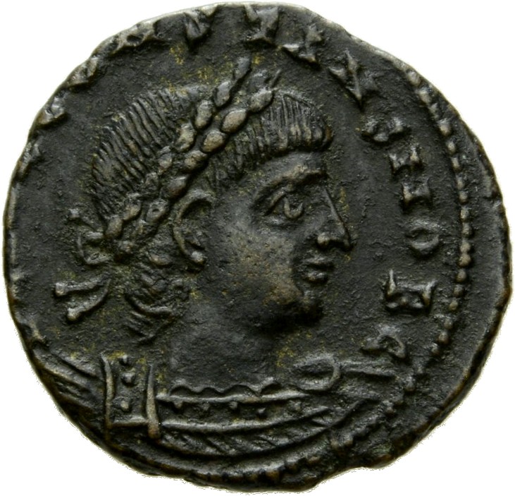 RIC VII Alexandria 68 Constantine I obverse, Bust of Constans, laureate, cuirassed, right