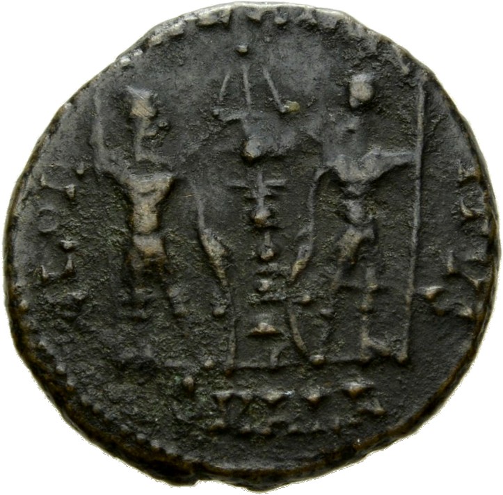Constantine I reverse — Two soldiers, helmeted, draped, cuirassed, standing facing each other, each holding reversed spear in outer hand and resting inner hand on shield; between them, a standard