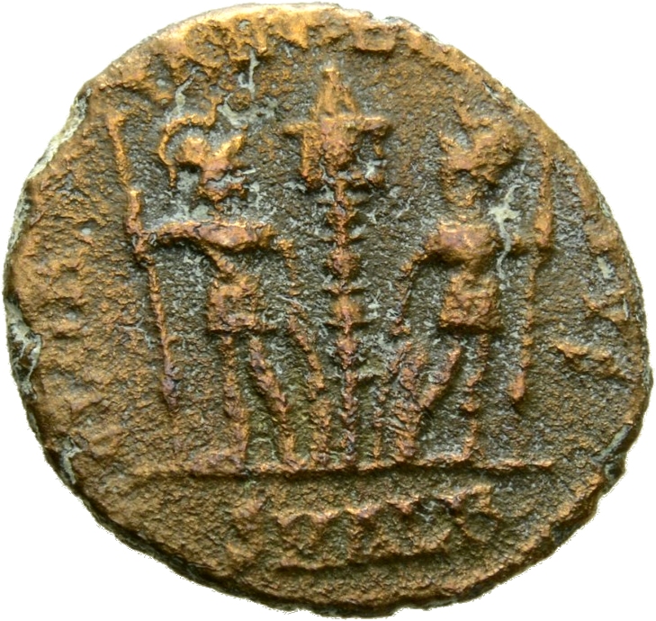 Constantine I reverse — Two soldiers, helmeted, draped, cuirassed, standing facing each other, each holding reversed spear in outer hand and resting inner hand on shield; between them, a standard