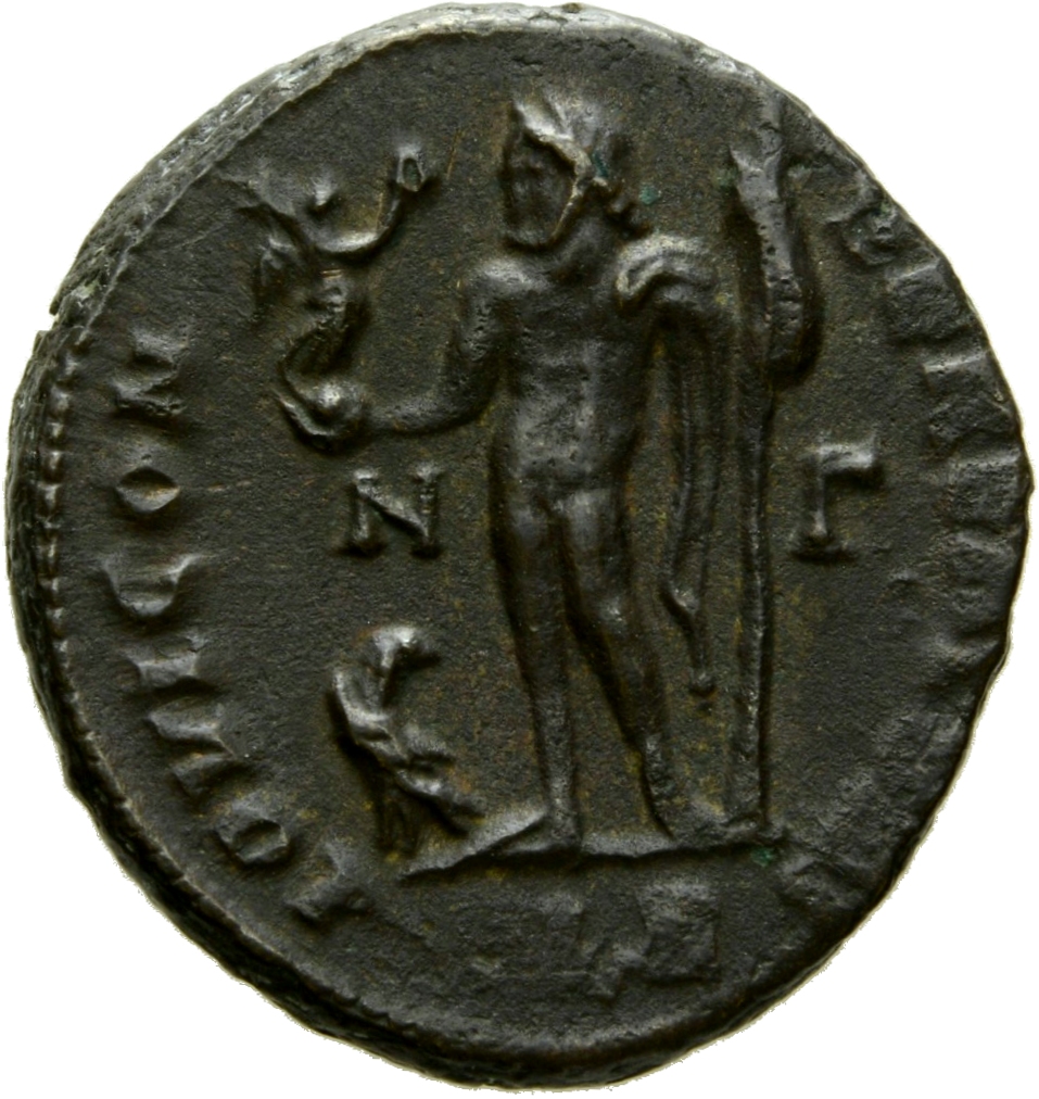 RIC VII Alexandria 7 Licinius reverse, Jupiter, nude, chlamys spread, standing left, holding Victory on globe in right han...